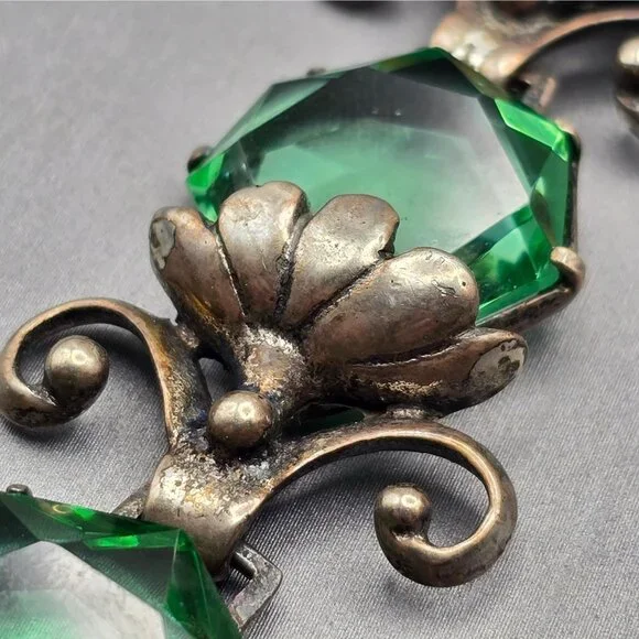 Art Nouveau Sterling Silver Demi-Parure Green Glass Floral Bracelet Earrings - Picture 8 of 16